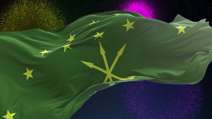 Adygea flag - Waving flag on celebrating fireworks for national holiday day. Ceremony for patriotic...