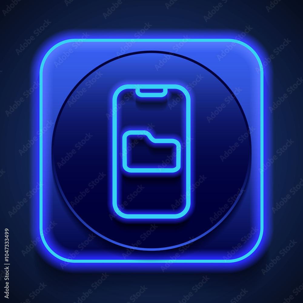 Poster mobile phone with folder simple icon vector. flat design. blue neon style on button. with shadow