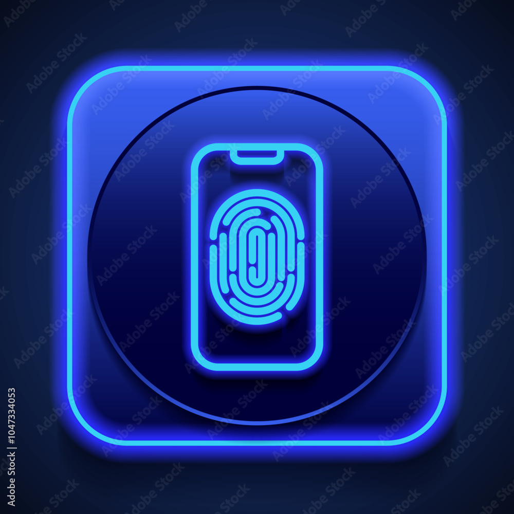 Poster mobile phone with fingerprint simple icon vector. flat design. blue neon style on button. with shado