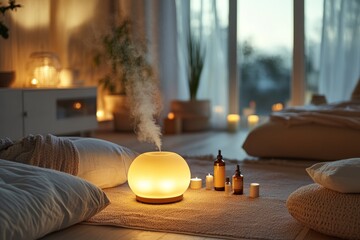 Modern essential oil diffuser refreshing the air in a peaceful room