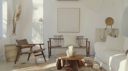 A sophisticated and airy living room design featuring a white canvas backdrop, Elegantly placed minimalistic furniture, Bohemian minimalist style