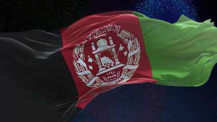 Afghanistan flag - Waving flag on celebrating fireworks for national holiday day. Ceremony for...