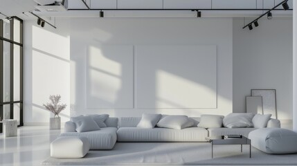 A sophisticated and artistic lounge area with a white canvas backdrop, Boldly arranged minimalist furnishings, Artistic minimalism style