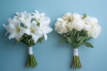 White lily and peony wedding bouquets on blue background