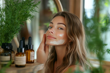 Young woman applying organic cosmetic cream on face