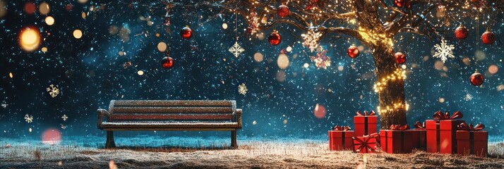 Twilight Christmas scene with a bench and a tree adorned with red and golden garlands, red gift boxes with snowy flakes