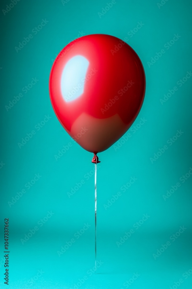 Poster red balloon floating on a string against a teal background