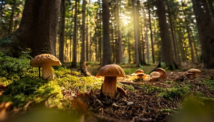 Fototapeta premium un bosque con arboles grandes y boletus en el suelo