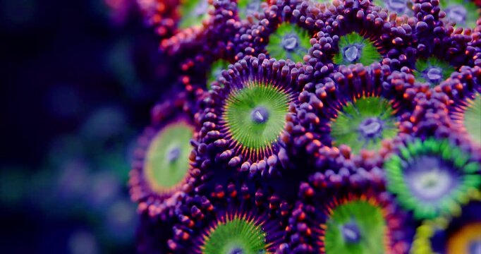Extreme Macro of Candy Red Apple Zoanthid soft coral polyp in a Saltwater Reef Aquarium, Beautiful flower like coral
