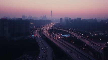 Fototapeta premium Dusk view of a highway and bridge with city buildings in Guangzhou, ideal for car ads. -