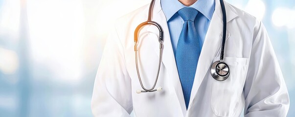Professional doctor in white coat with stethoscope, standing confidently in a bright clinical environment.