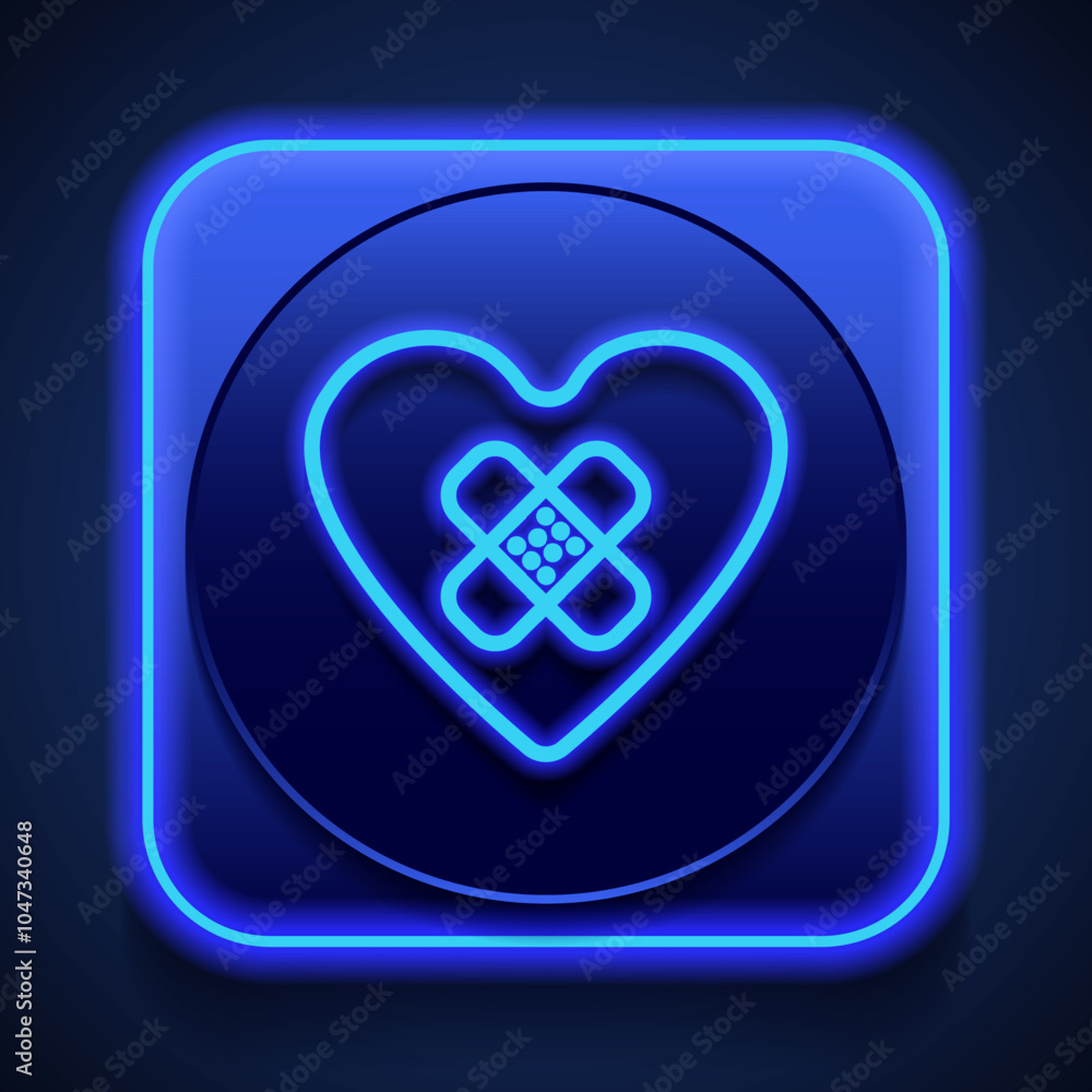 Poster heart with patch simple icon vector. flat design. blue neon style on button. with shadow