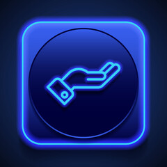 Hand, giving simple icon vector. Flat design. Blue neon style on button. With shadow
