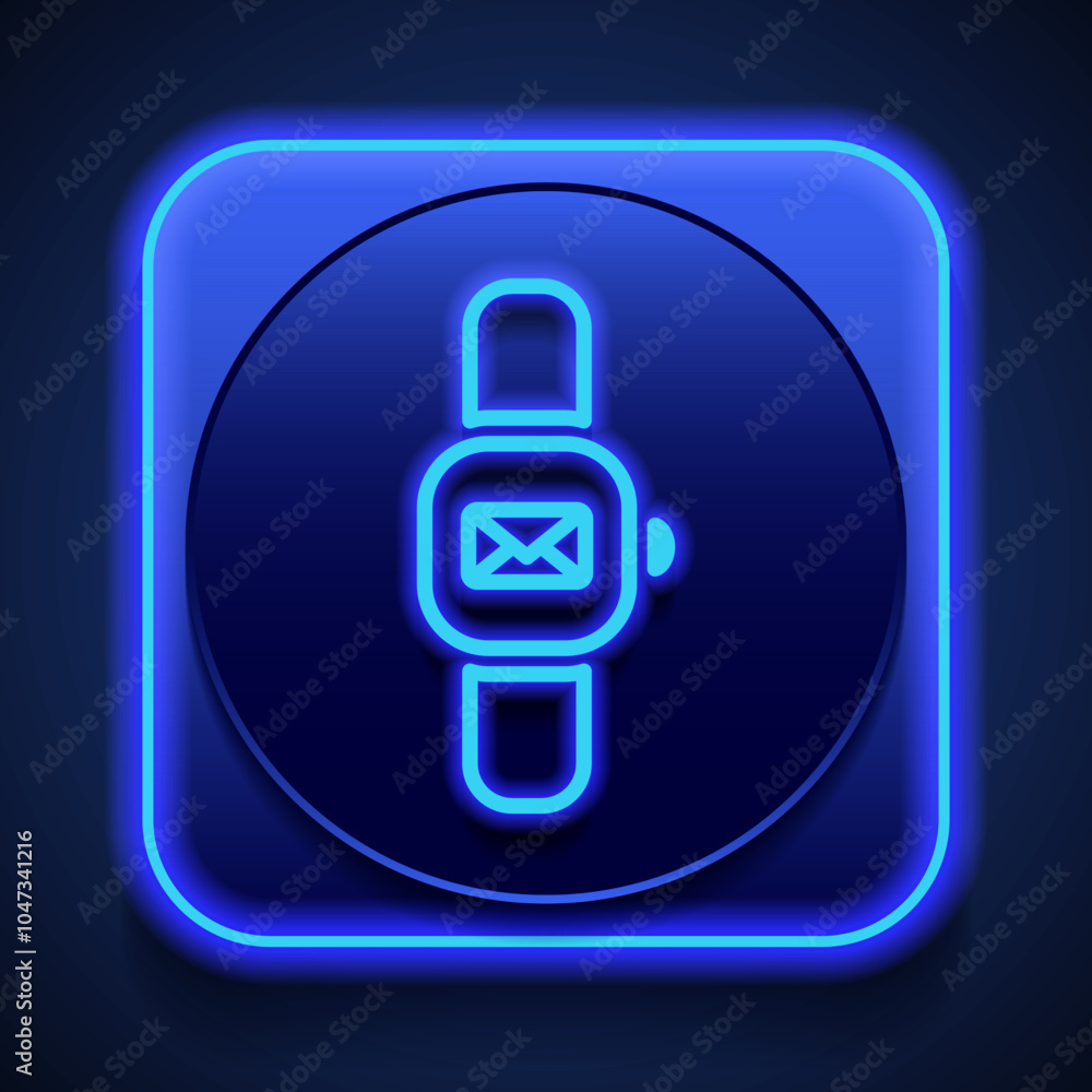 Poster hand watch,mail, message simple icon vector. flat design. blue neon style on button. with shadow