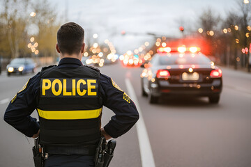 Police Officer in the Foreground with a Police Car: Representing Law Enforcement and Community Safety