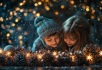 Two children looking with amazement at a luminous christmas decoration made of pine cones, baubles and string lights, while snow is falling