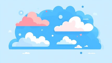 Illustration of sky with clouds in flat style, blue color, cartoon-like. -
