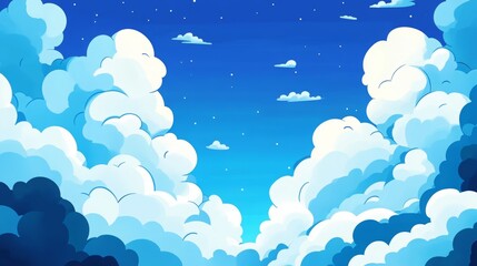 Illustration of sky with clouds in flat style, blue color, cartoon-like. -
