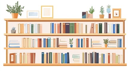 A modern wooden bookshelf with neatly arranged rows of books, accented with decorative items like plants and picture frames, set against a minimalist background.