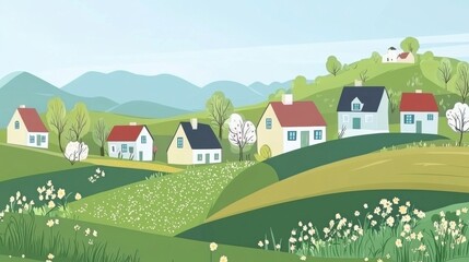 Naklejka premium Village Panorama: Green Meadows and Blue Skies in a Cartoon Landscape