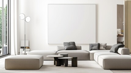 A sophisticated and sleek living room design featuring a white canvas backdrop, Thoughtfully placed minimalist furniture, Minimalist contemporary style
