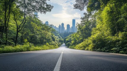 Fototapeta premium Panoramic view of a road and green forest with Shenzhen city skyline.
