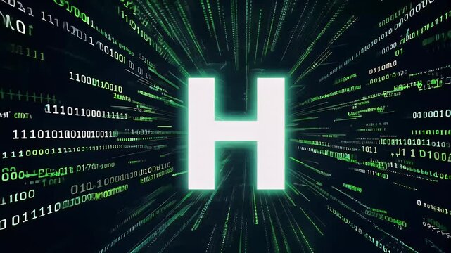 dynamic animation showcases letter &ldquo;H&rdquo; formed cloud computer code particles binary text design transitioning zero one creating abstract techinspired background alphabet particle technology cyberspace