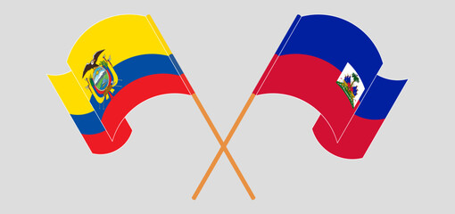 Crossed and waving flags of Republic of Ecuador and Republic of Haiti. Vector illustration