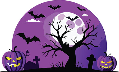 Spooky Halloween Night Scene with Bats and Pumpkins