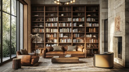 A tall, rustic wooden bookshelf with shelves packed with well-organized books, giving a warm, academic vibe to the living room.