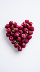 Ripe raspberries forming a heart shape on white background