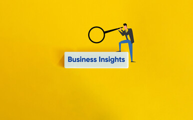 Business Insights Banner Image. Illustration on a Businessman with Magnifying Glass and Text on Block Letter Tile on Yellow Background. Minimal Aesthetic.