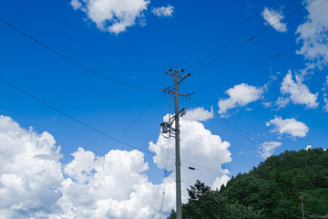 Obraz premium 青い空と夏雲と電柱