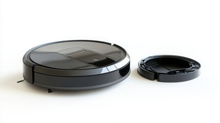 Round robotic vacuum cleaner in silver and black on a white background.