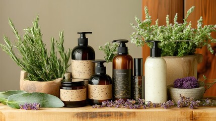 A variety of organic and non-toxic personal care products, such as shampoo, conditioner, and lotion, displayed with fresh, natural ingredients like aloe and lavender.