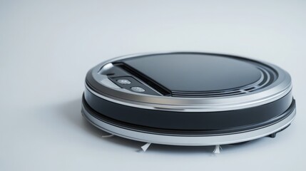 Round robotic vacuum cleaner in silver and black on a white background.