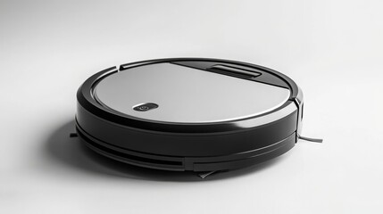 Round robotic vacuum cleaner in silver and black on a white background.