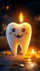 Cute tooth celebrating halloween with candlelight and autumn leaves