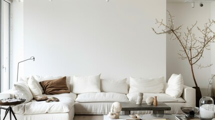 A sophisticated living room design featuring a white canvas backdrop, Styled with minimalist furnishings, Sophisticated minimalist style