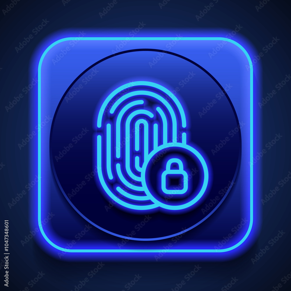 Poster fingerprint with lock simple icon vector. flat design. blue neon style on button. with shadow