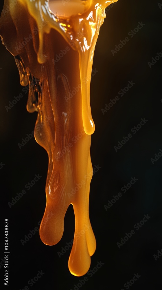 Poster golden honey slowly dripping and forming blobs on dark background