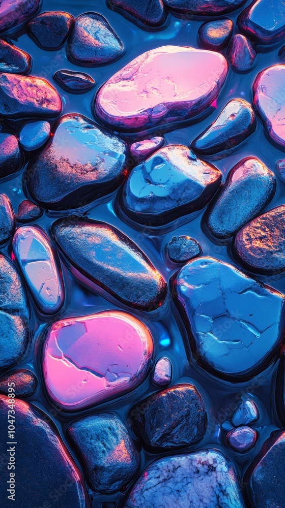 Poster wet colorful pebbles reflecting neon lights creating abstract pattern