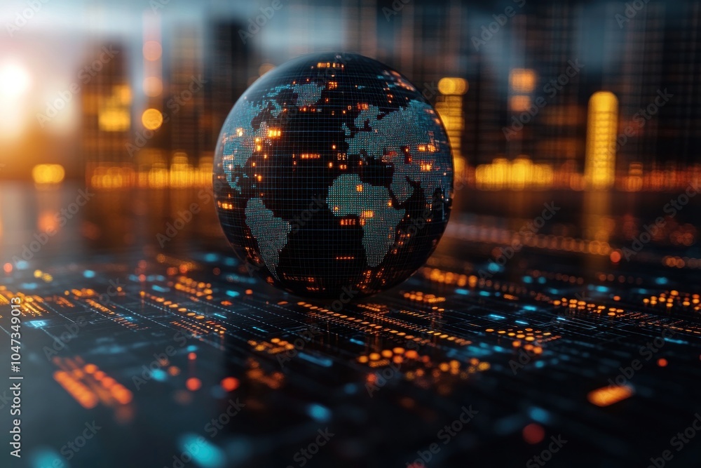 Aufkleber a digital globe surrounded by glowing data streams, symbolizing global connectivity and technology.