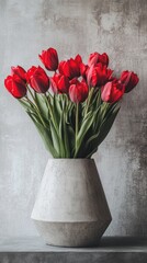 Bouquet of red tulips in modern concrete vase enhancing room ambiance