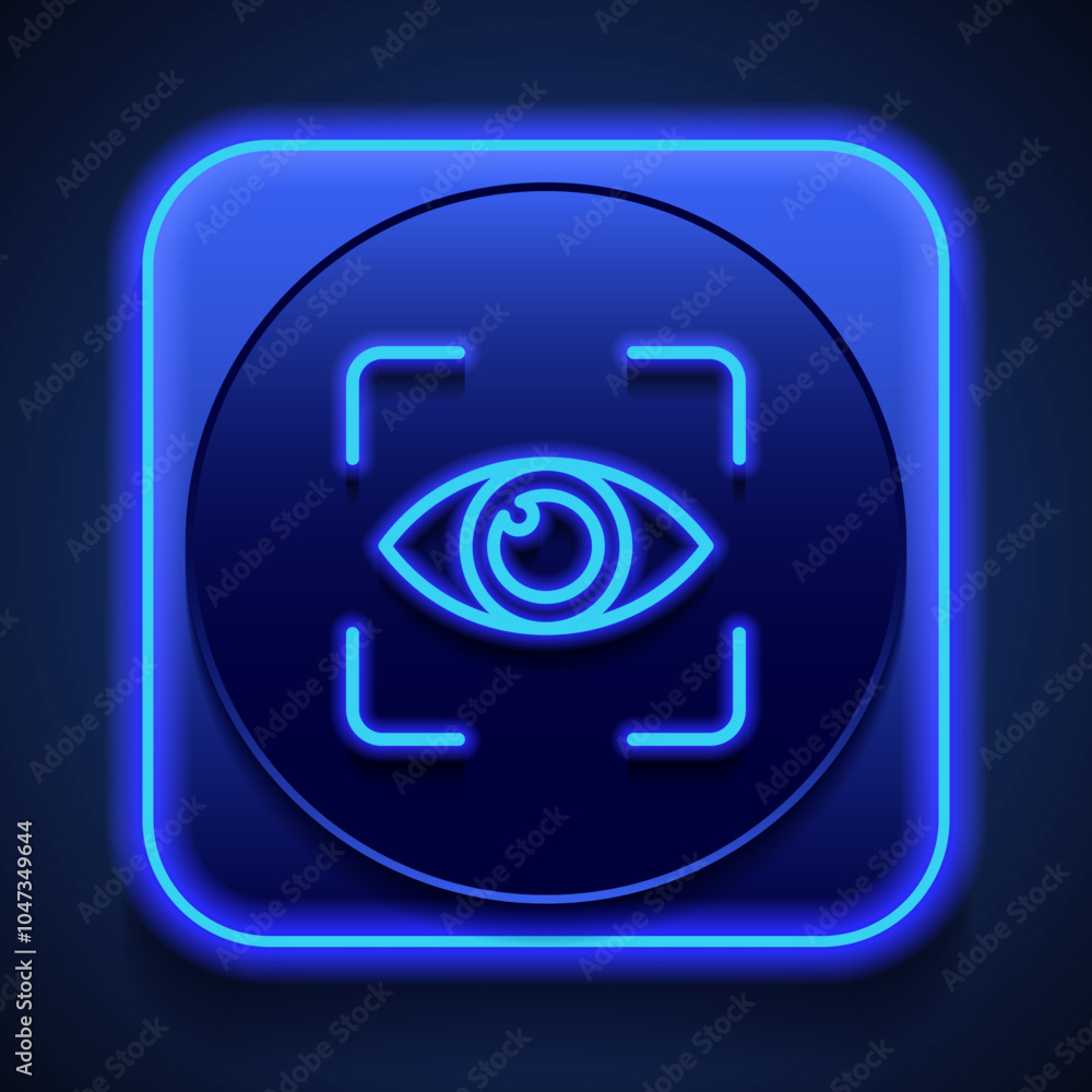 Poster eye scan simple icon vector. flat design. blue neon style on button. with shadow