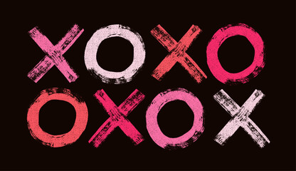 Colorful XO pattern. Abstract red and pink template background with various circles and crosses for holiday Valentine's day. Vector grunge vintage texture with brush drawn geometric elements..eps