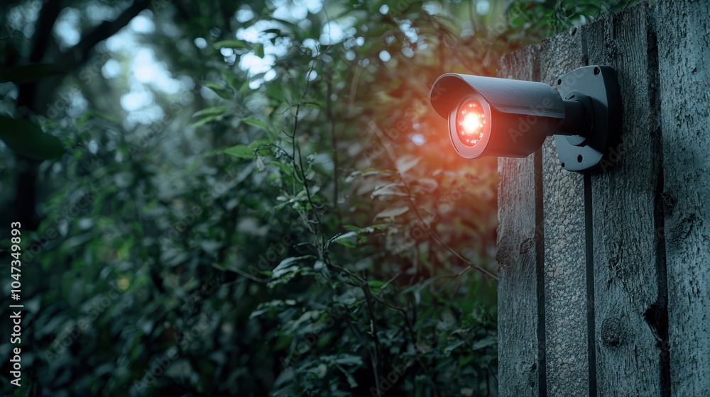 Poster surveillance camera monitoring environmental spaces with red light indicator in modern security syst