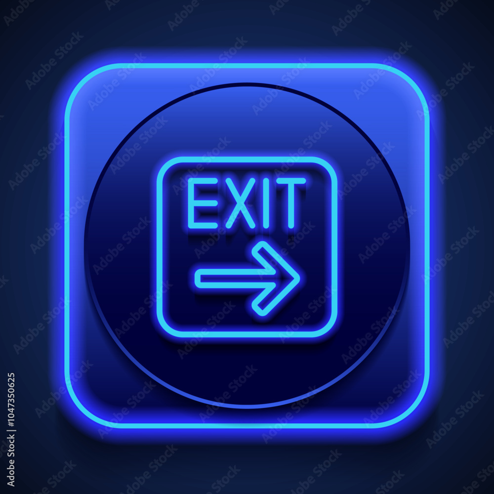 Poster exit, arrow simple icon vector. flat design. blue neon style on button. with shadow