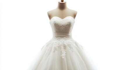 Wedding dress displayed on a mannequin against a white background.