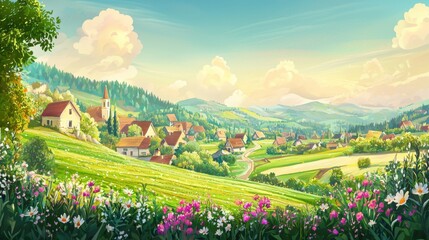 Fototapeta premium Village Panorama: Green Meadows and Blue Skies in a Cartoon Landscape